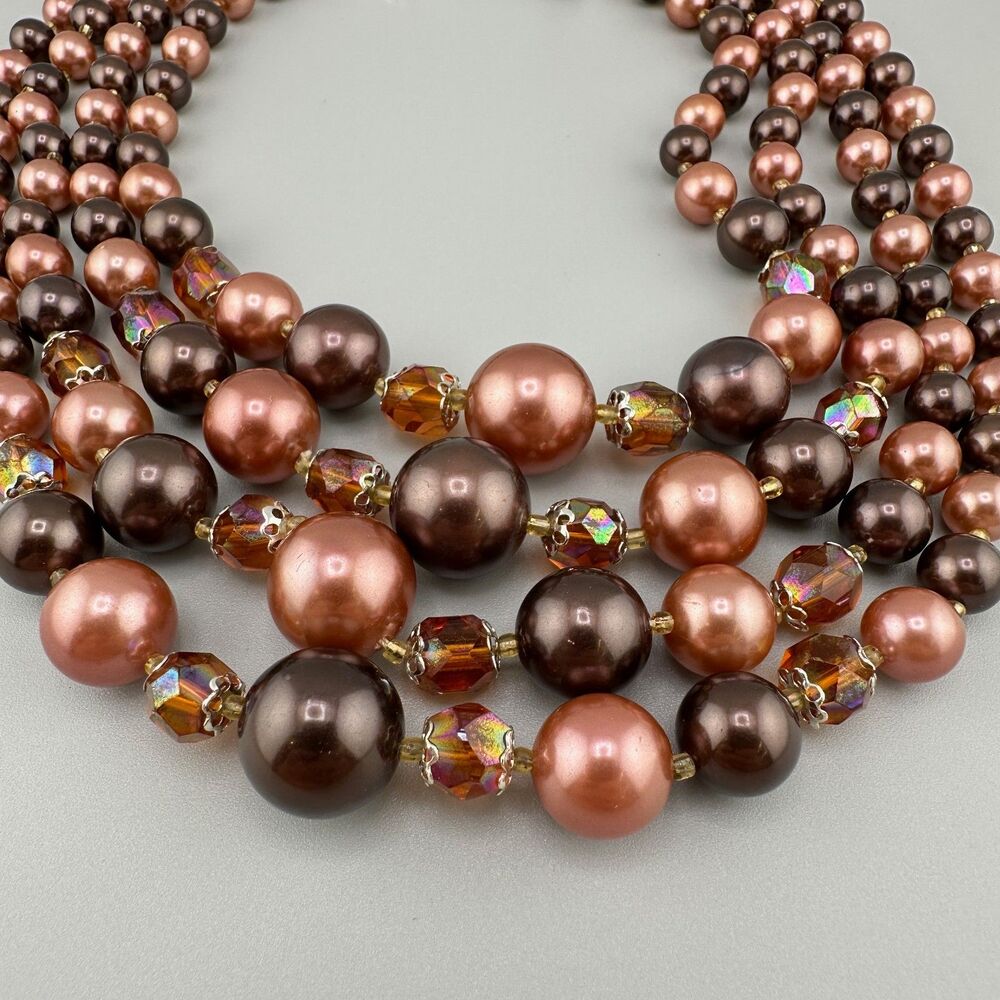 Vintage Japan Faux Pearl Necklace Multi Strand Topaz Root Beer Color AB Beads - Picture 4 of 16
